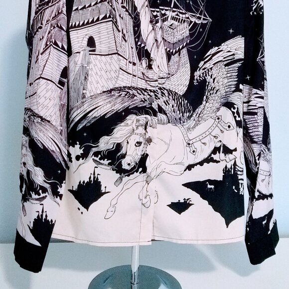 Women's Shirt Silk Black and White Printed Blouse - Picture 5 of 12